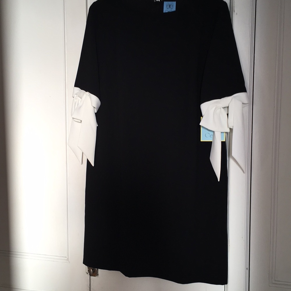 CeCe Black Shift Dress with White Bow Tie Sleeves